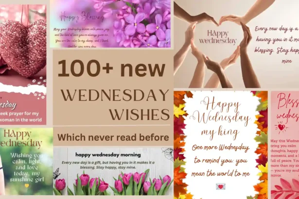Collage of beautiful Wednesday blessing wishes and quotes for her and him with flowers, hearts, and loving messages